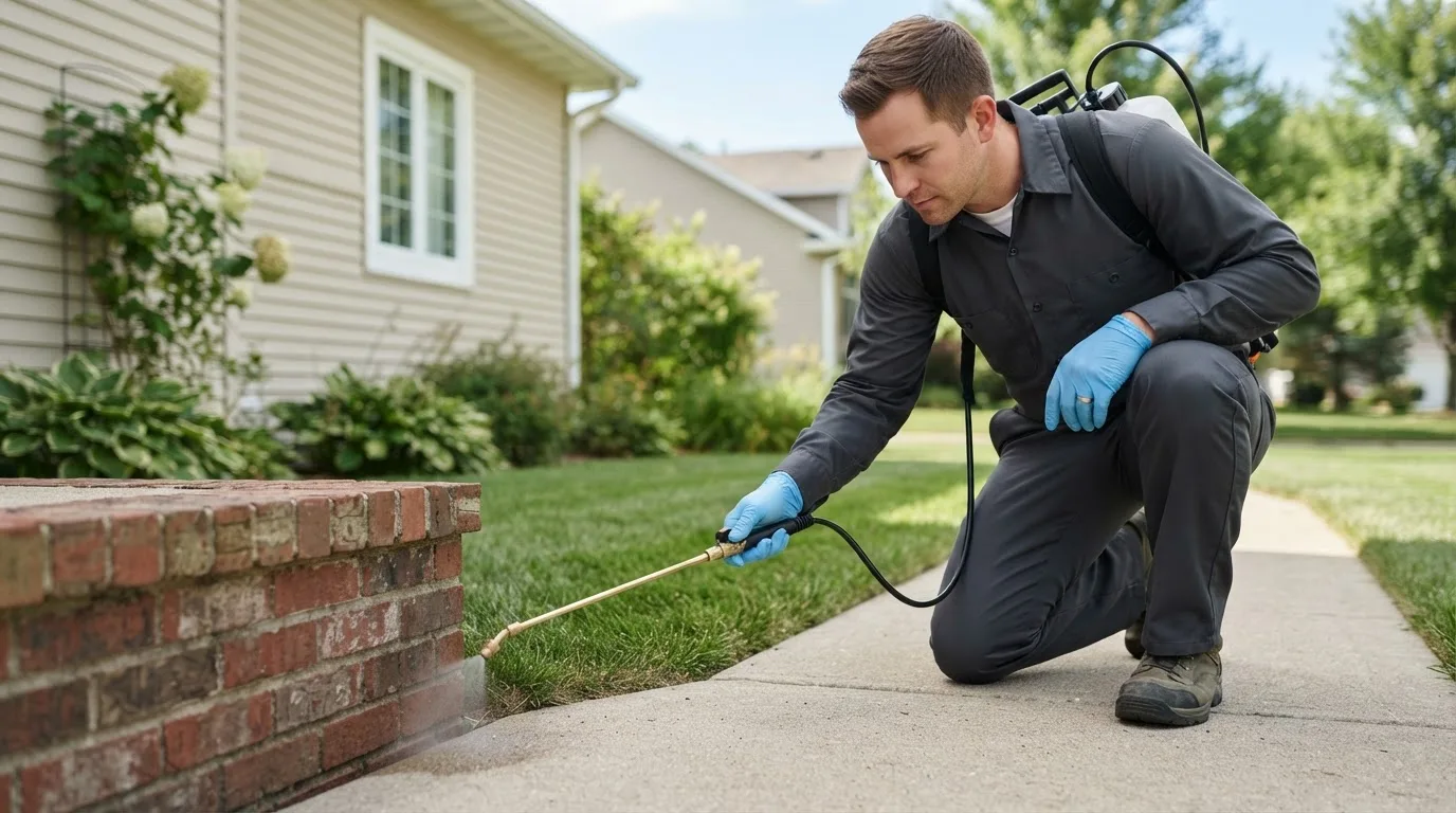 Pest control technician treating a home near Clarksburg, MD